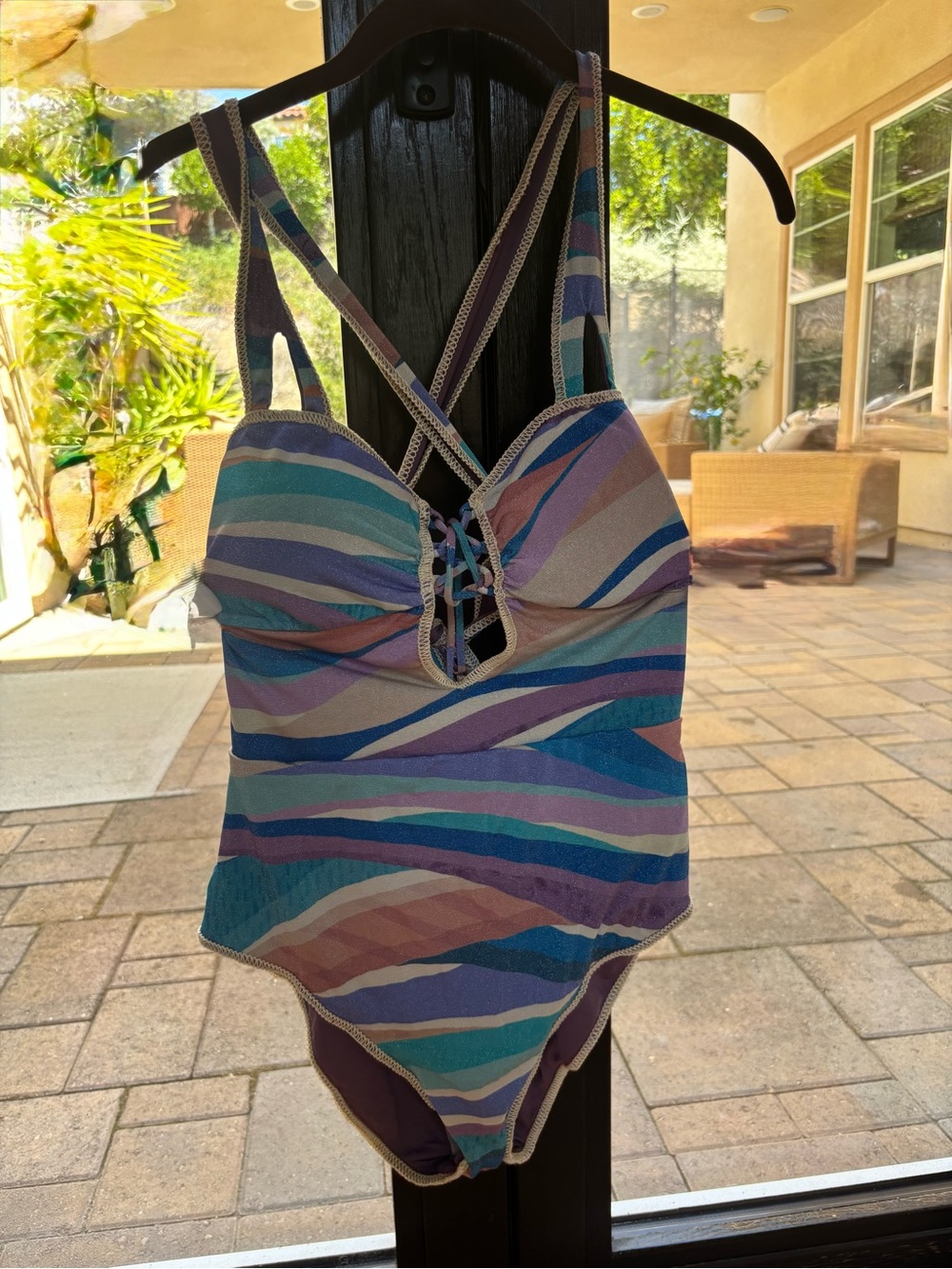 BECCA Multicolor Striped One-Piece Swimsuit in Blue, Purple, Pink, Teal